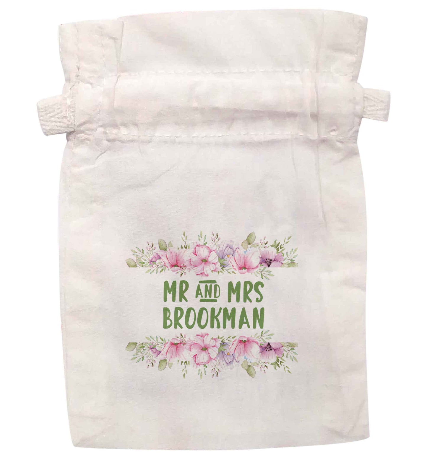 Green Floral Personalised Wedding Date and Name | XS - L | Pouch / Drawstring bag / Sack | Organic Cotton | Bulk discounts available!