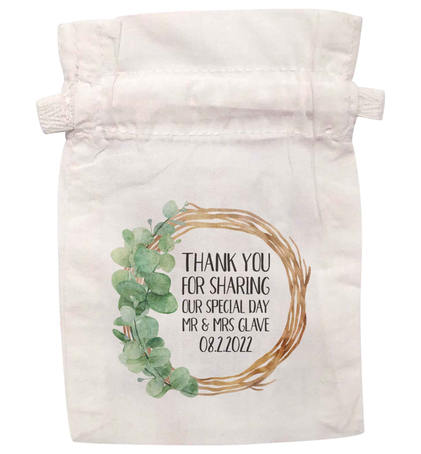 Personalised Wedding Thank You Leaf Wreath illustration | XS - L | Pouch / Drawstring bag / Sack | Organic Cotton | Bulk discounts available!