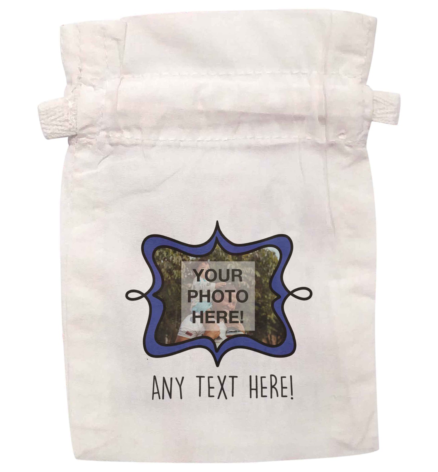 Any Photo or Text Navy Frame | XS - L | Pouch / Drawstring bag / Sack | Organic Cotton | Bulk discounts available!
