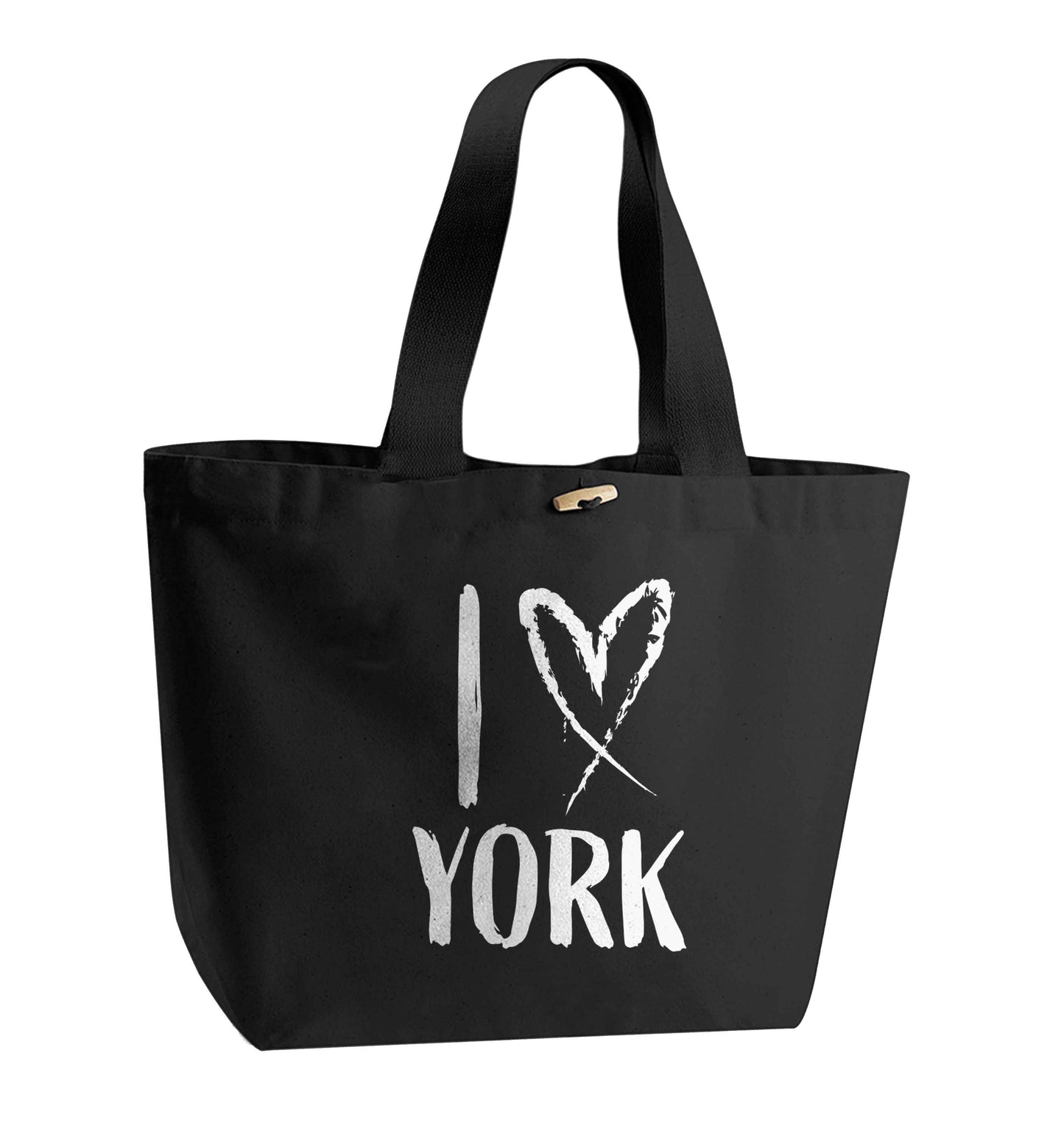 I love York organic cotton premium tote bag with wooden toggle in black