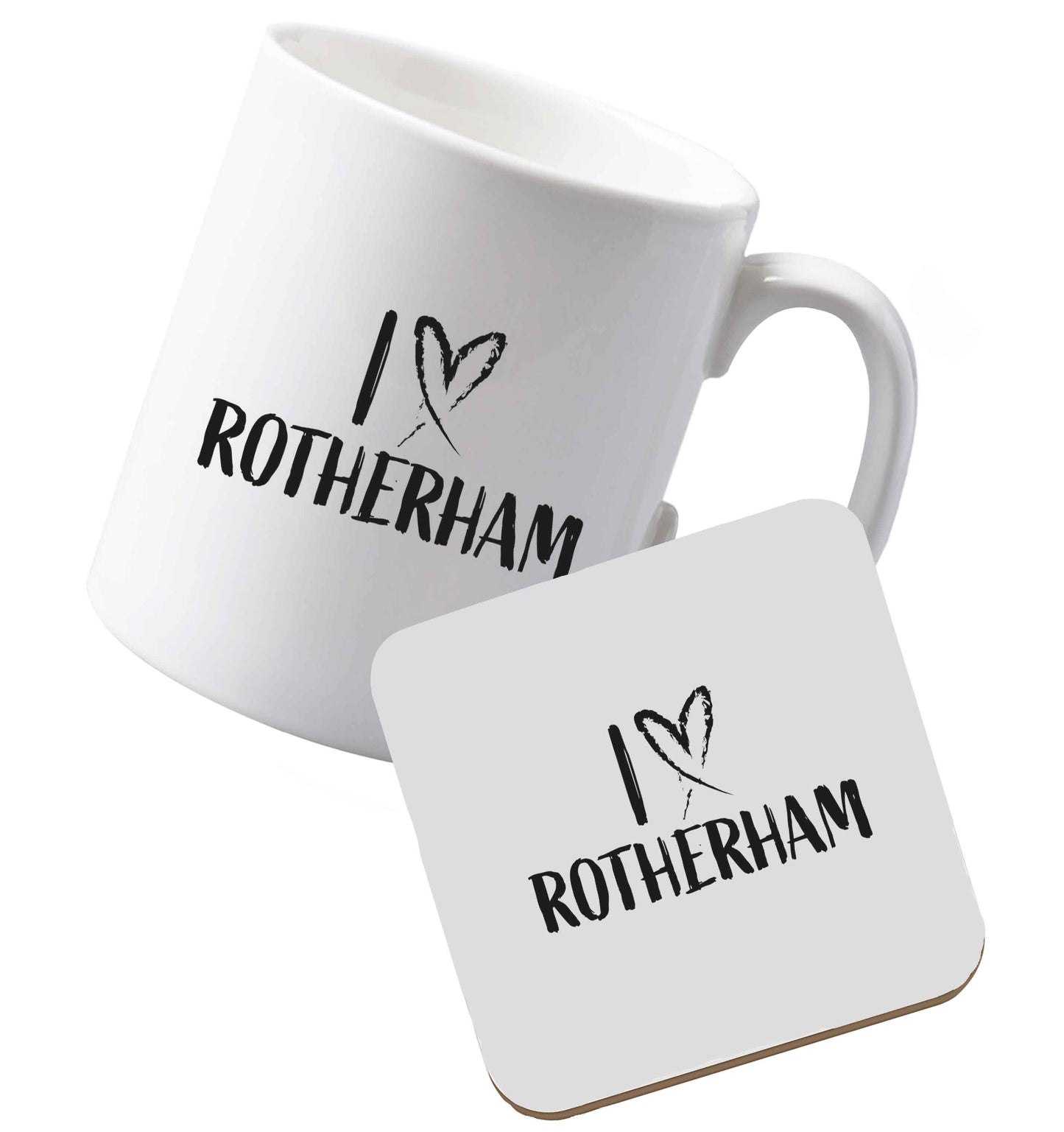 10 oz Ceramic mug and coaster I love Rotherham both sides