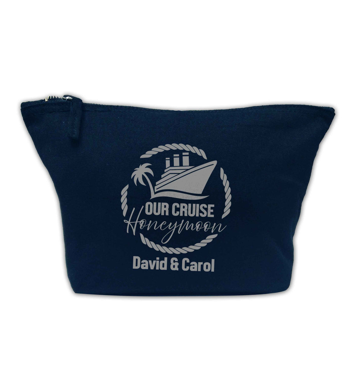 Our cruise honeymoon personalised navy makeup bag