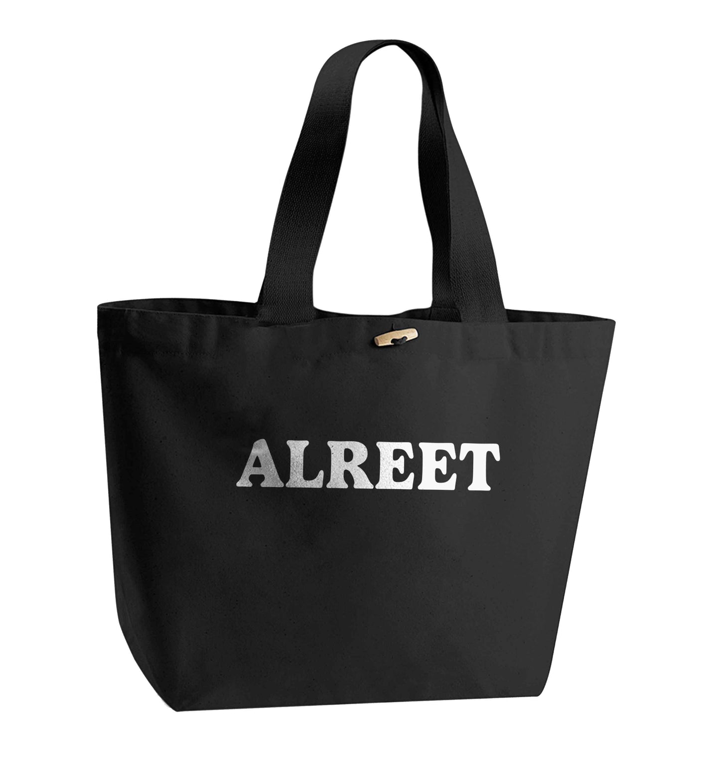 Alreet organic cotton premium tote bag with wooden toggle in black