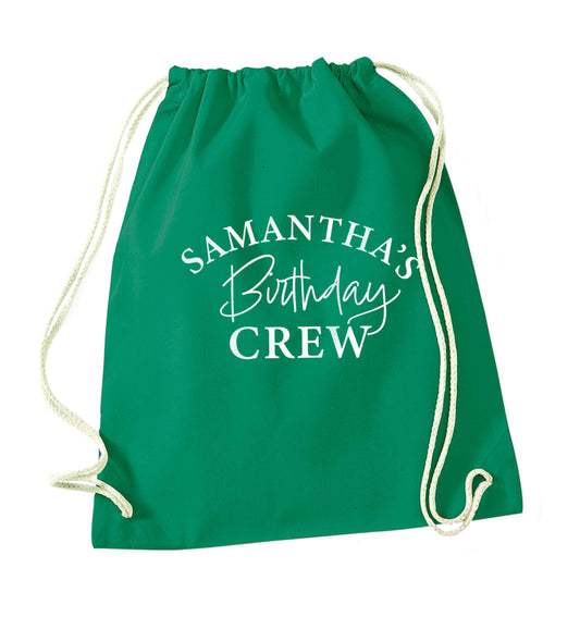 Personalised birthday crew green drawstring bag