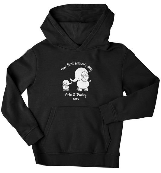 Our first Father's day personalised date and names children's black hoodie 12-13 Years
