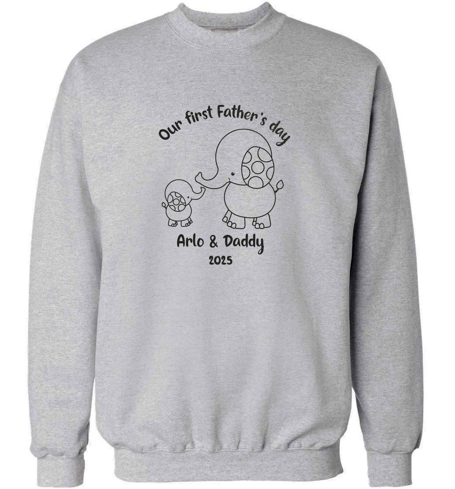Our first Father's day personalised date and names adult's unisex grey sweater 2XL