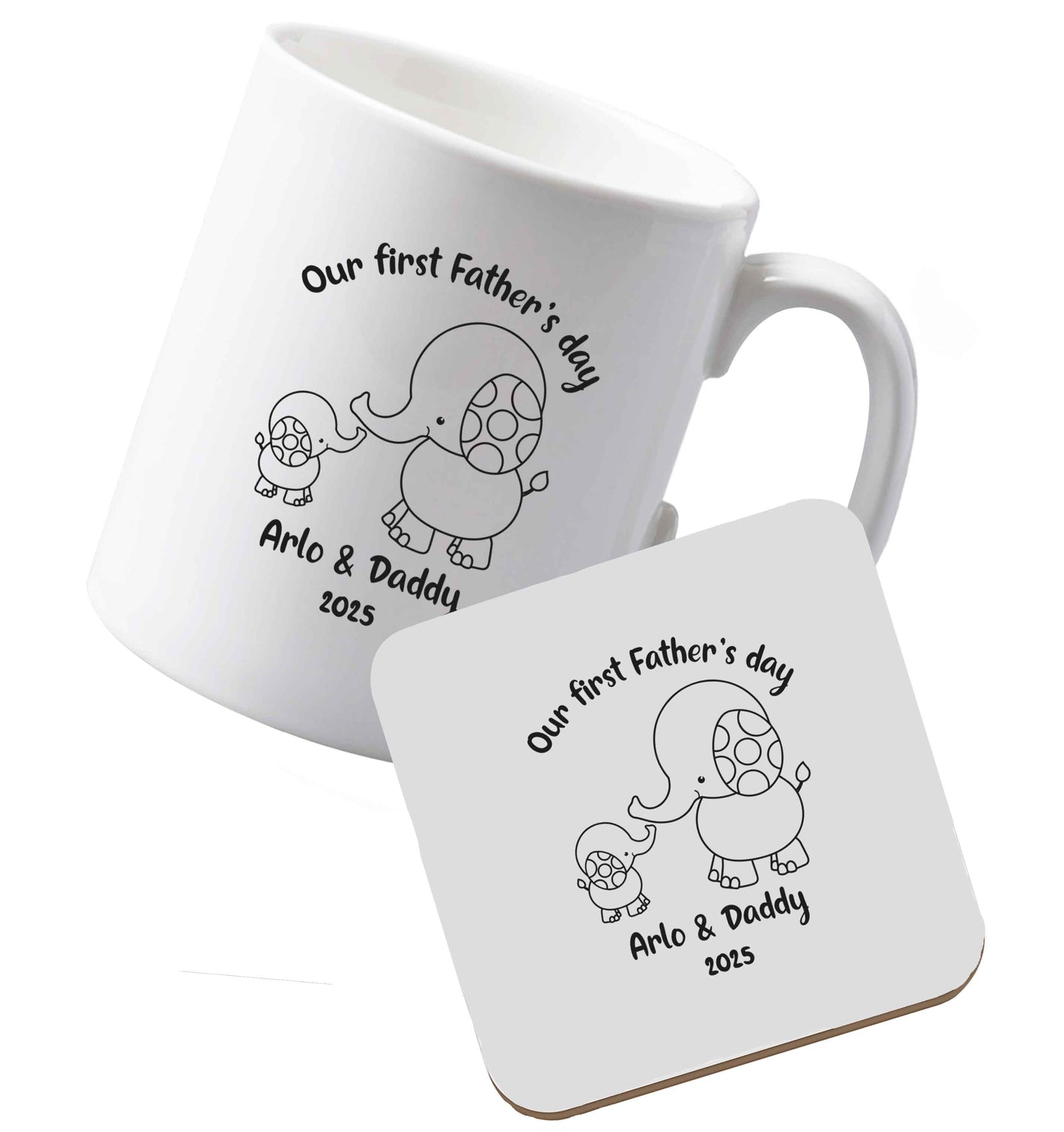 10 oz Ceramic mug and coaster Our first Father's day personalised date and names both sides