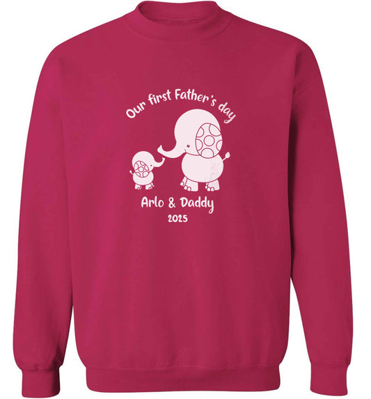 Our first Father's day personalised date and names adult's unisex pink sweater 2XL