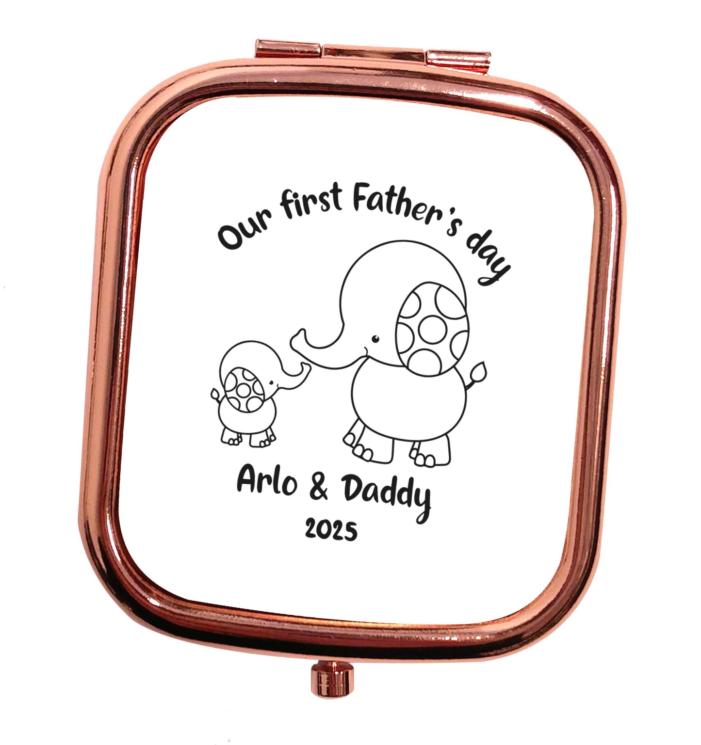 Our first Father's day personalised date and names rose gold square pocket mirror