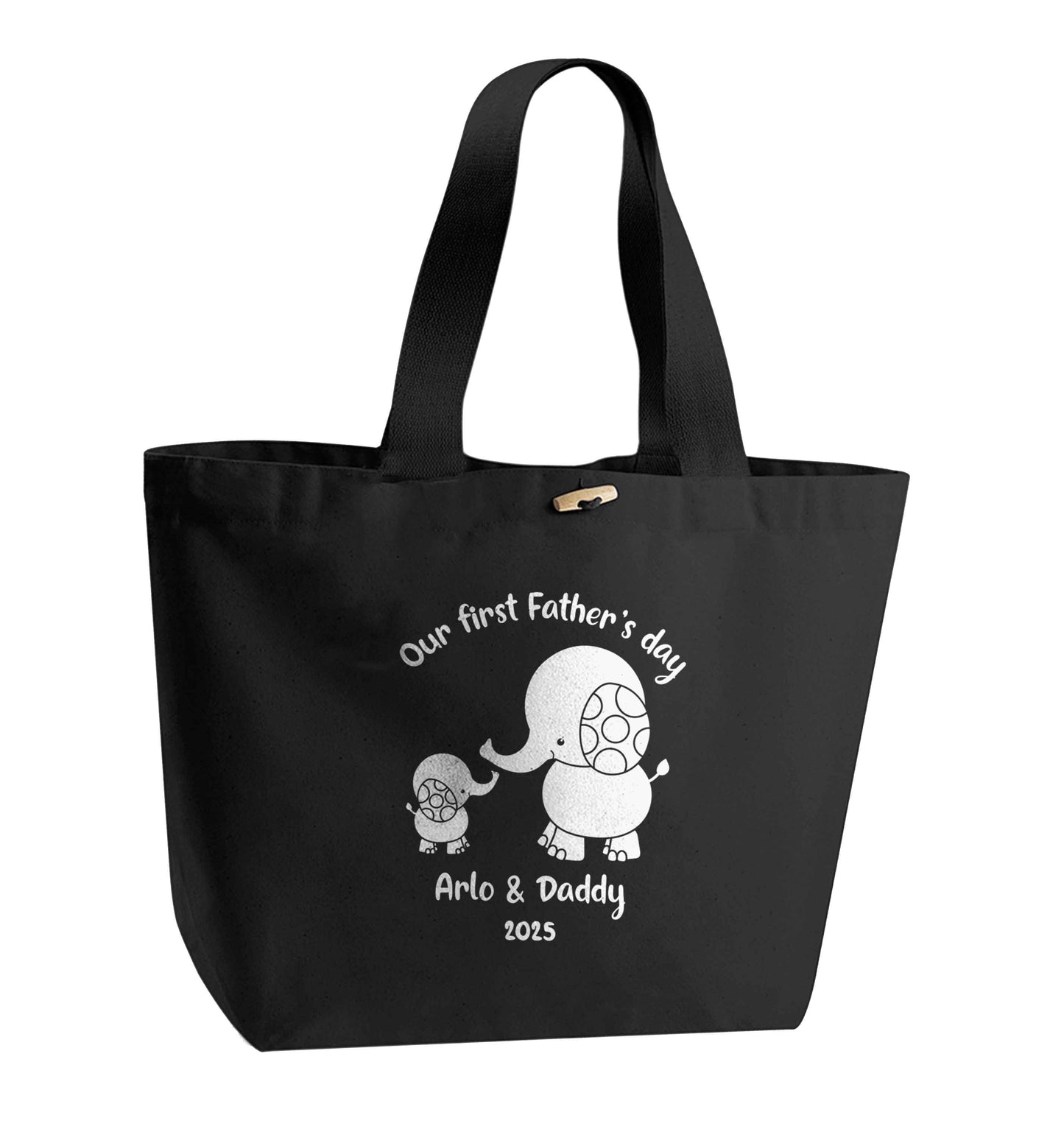Our first Father's day personalised date and names organic cotton premium tote bag with wooden toggle in black