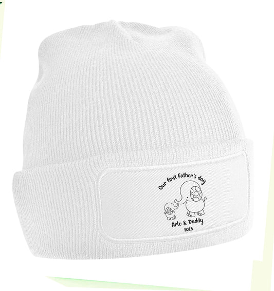 Our first Father's day personalised date and names beanie hat
