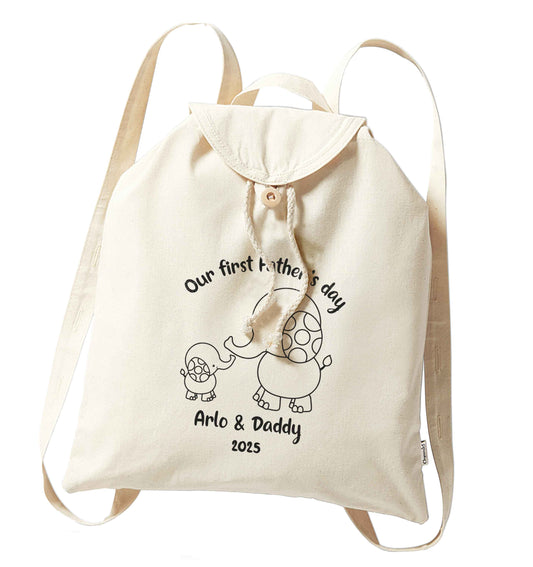 Our first Father's day personalised date and names organic cotton backpack tote with wooden buttons in natural