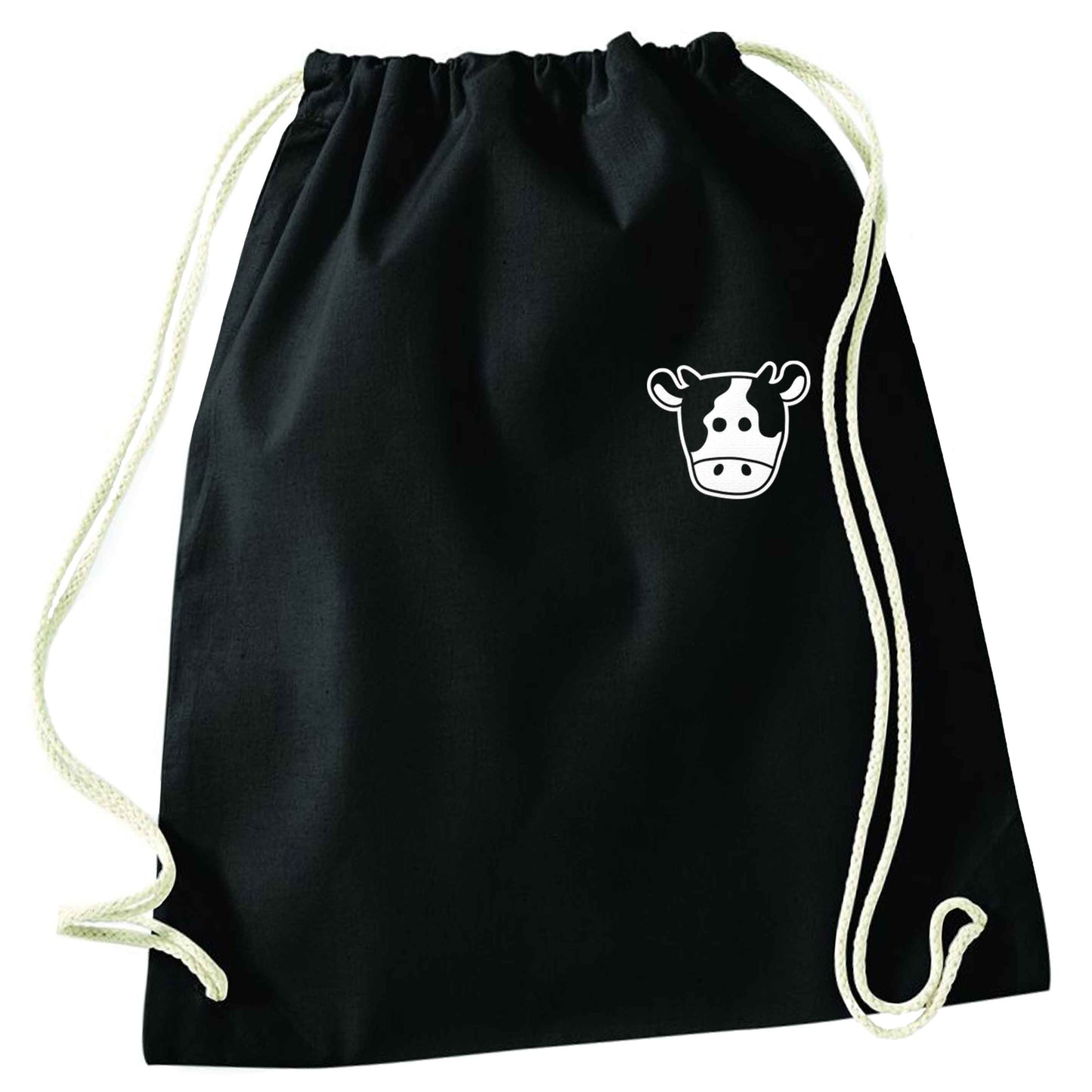 Cow illustration - pocket design black drawstring bag