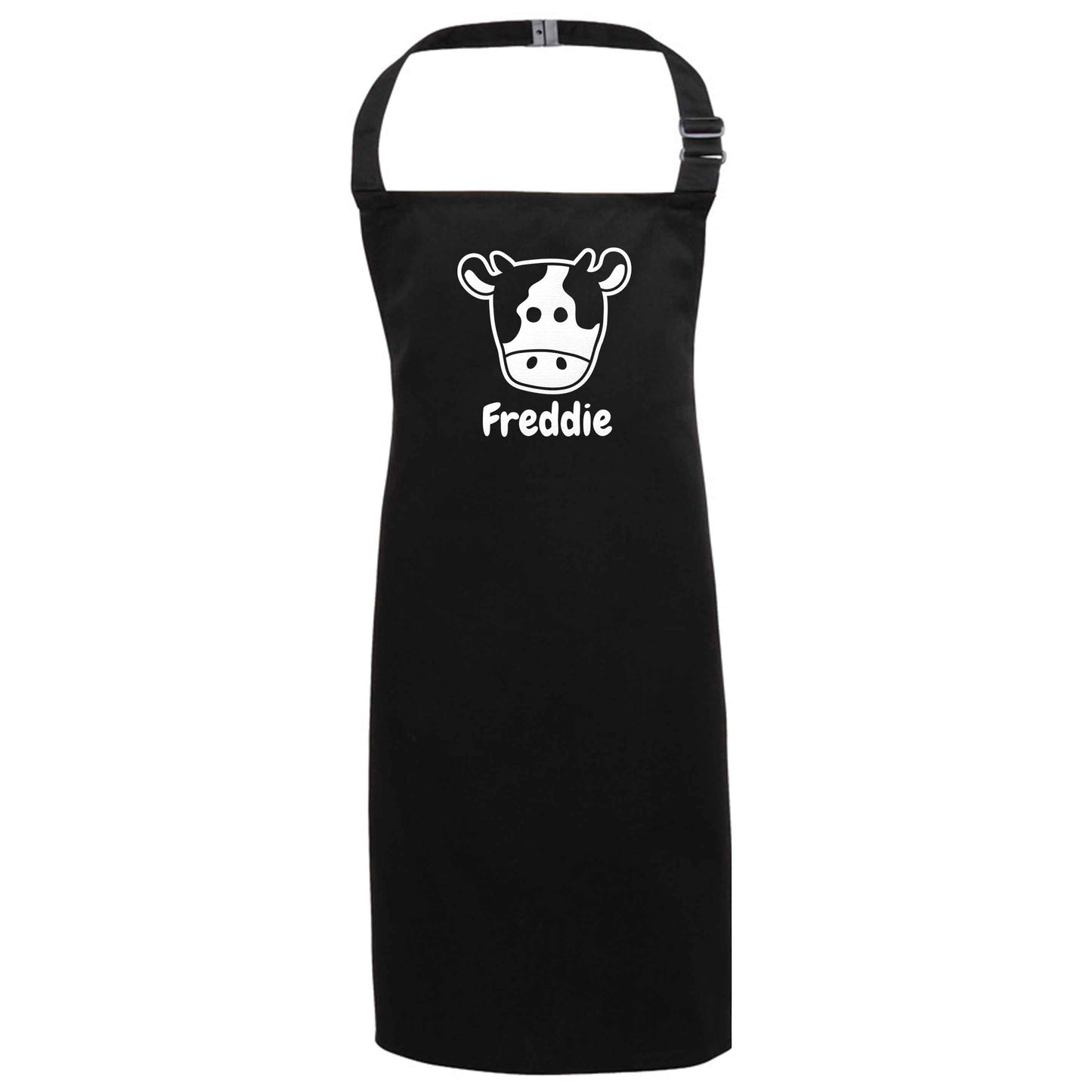 Personalised cow illustration with any name black apron 7-10 years