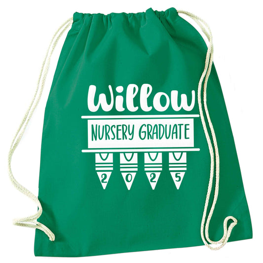 Personalised nursery graduate 2025 green drawstring bag