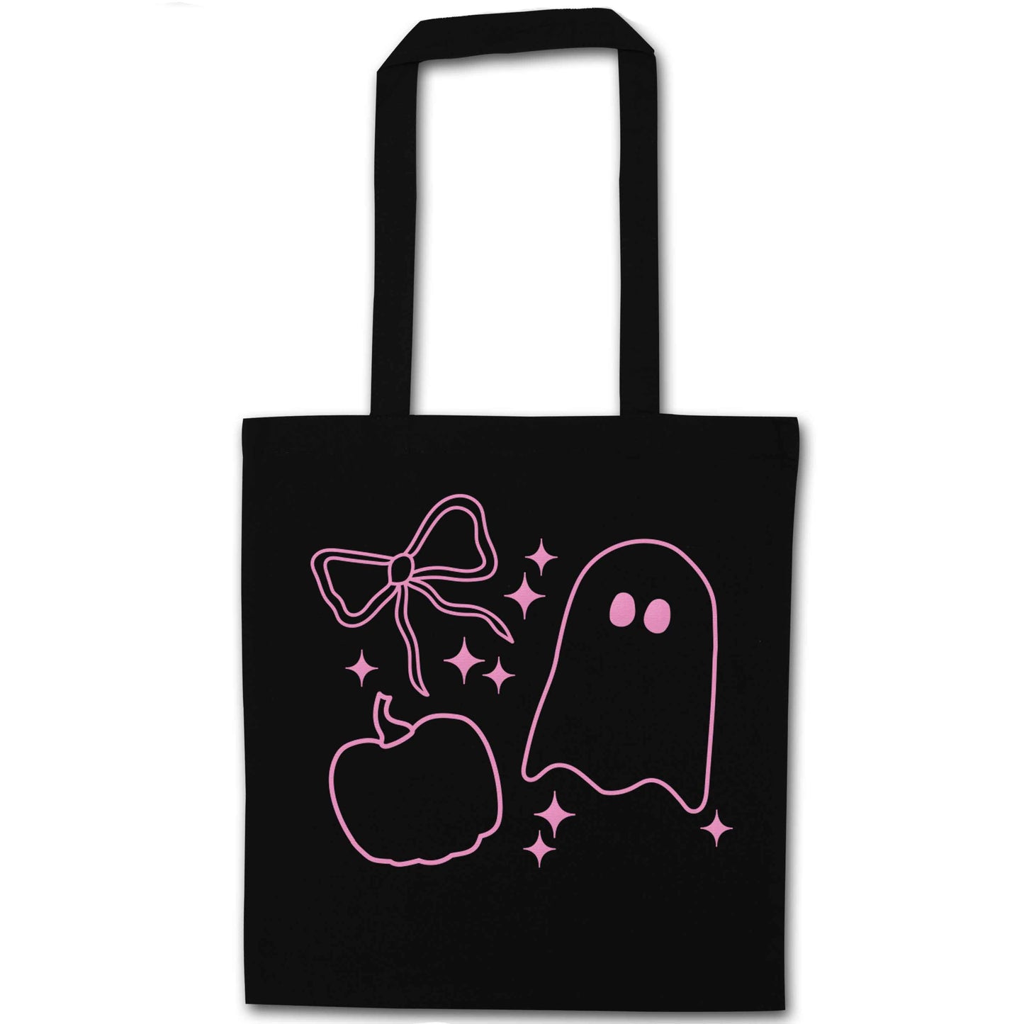 Ghost, bow and pumpkin illustration black tote bag