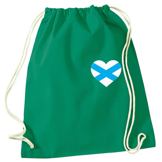 Scottish flag heart - pocket design green drawstring bag