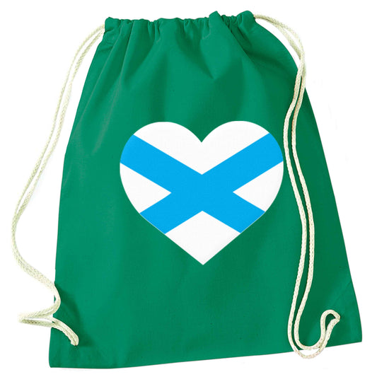 Scottish Saltire heart flag green drawstring bag