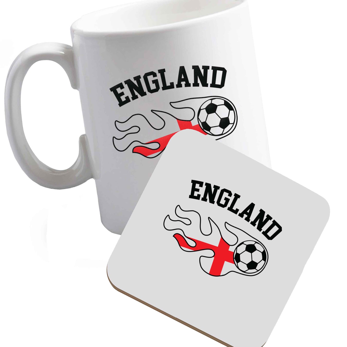 10 oz Ceramic mug and coaster Flaming football England flag both sides