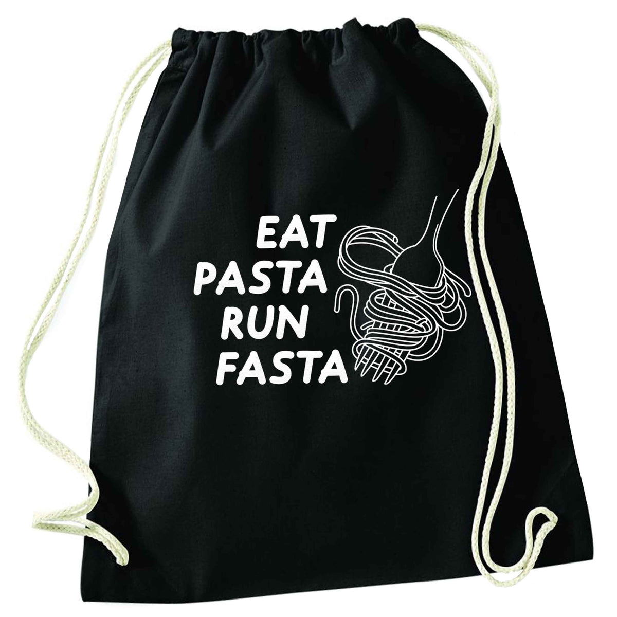 Eat pasta run fasta black drawstring bag