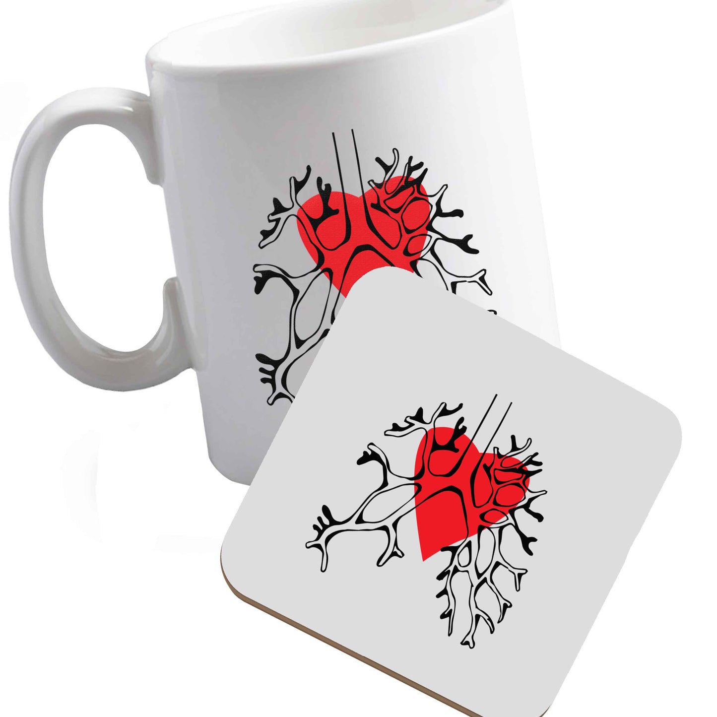 10 oz Ceramic mug and coaster Lungs and heart illustration both sides