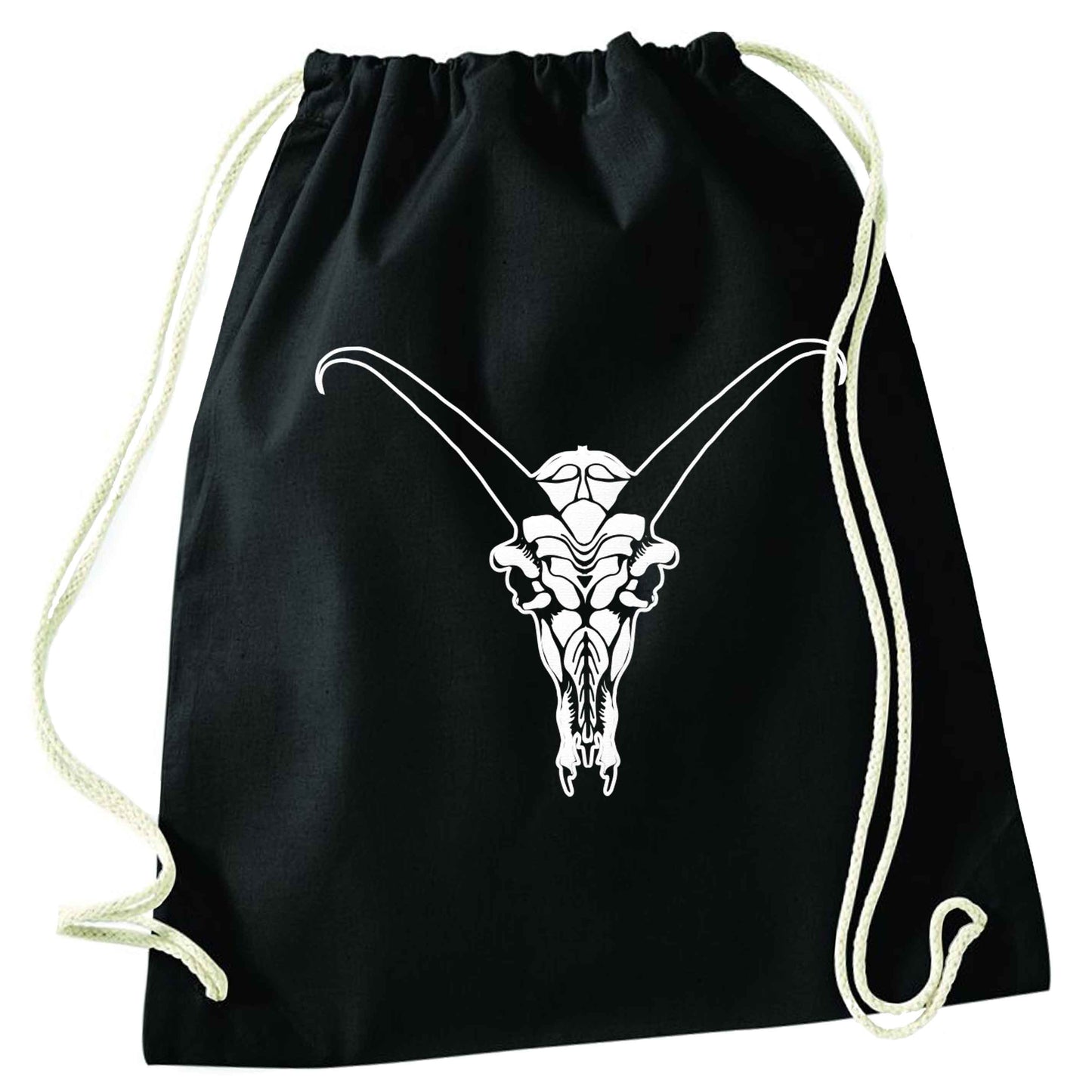 Deer skull illustration black drawstring bag