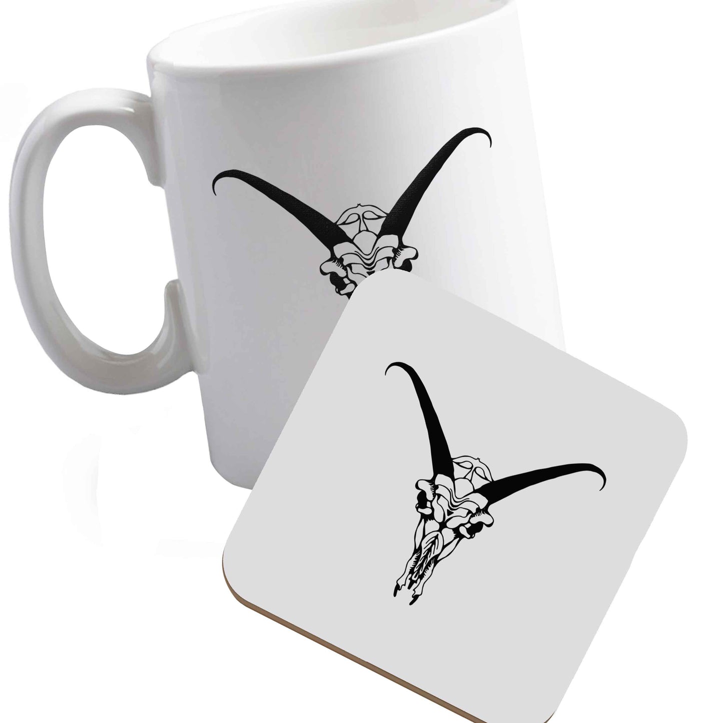 10 oz Ceramic mug and coaster Deer skull illustration both sides