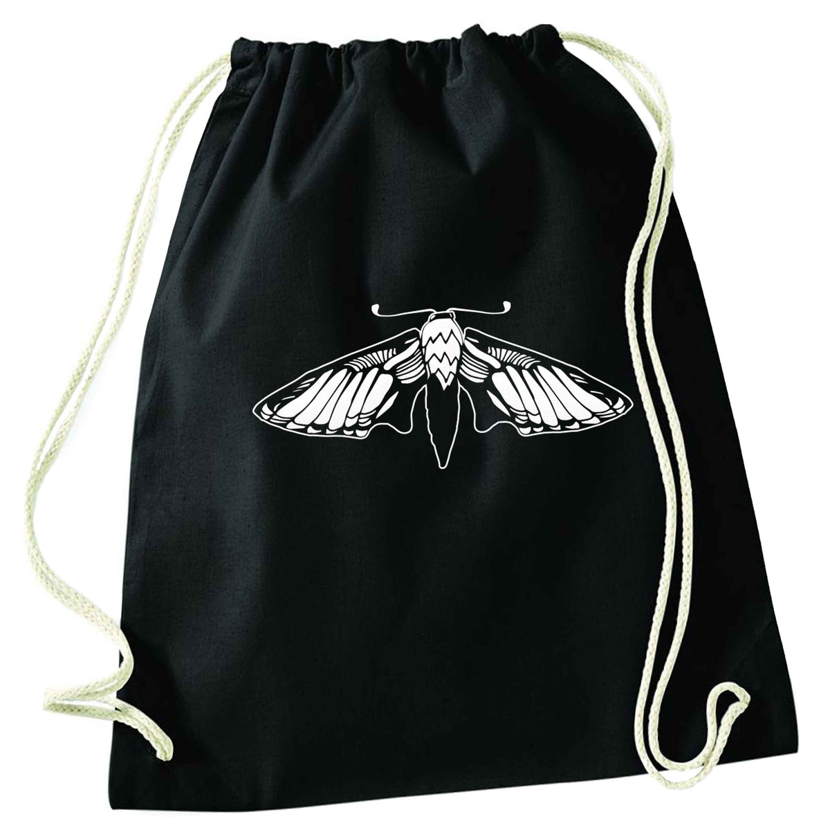 Moth illustration black drawstring bag