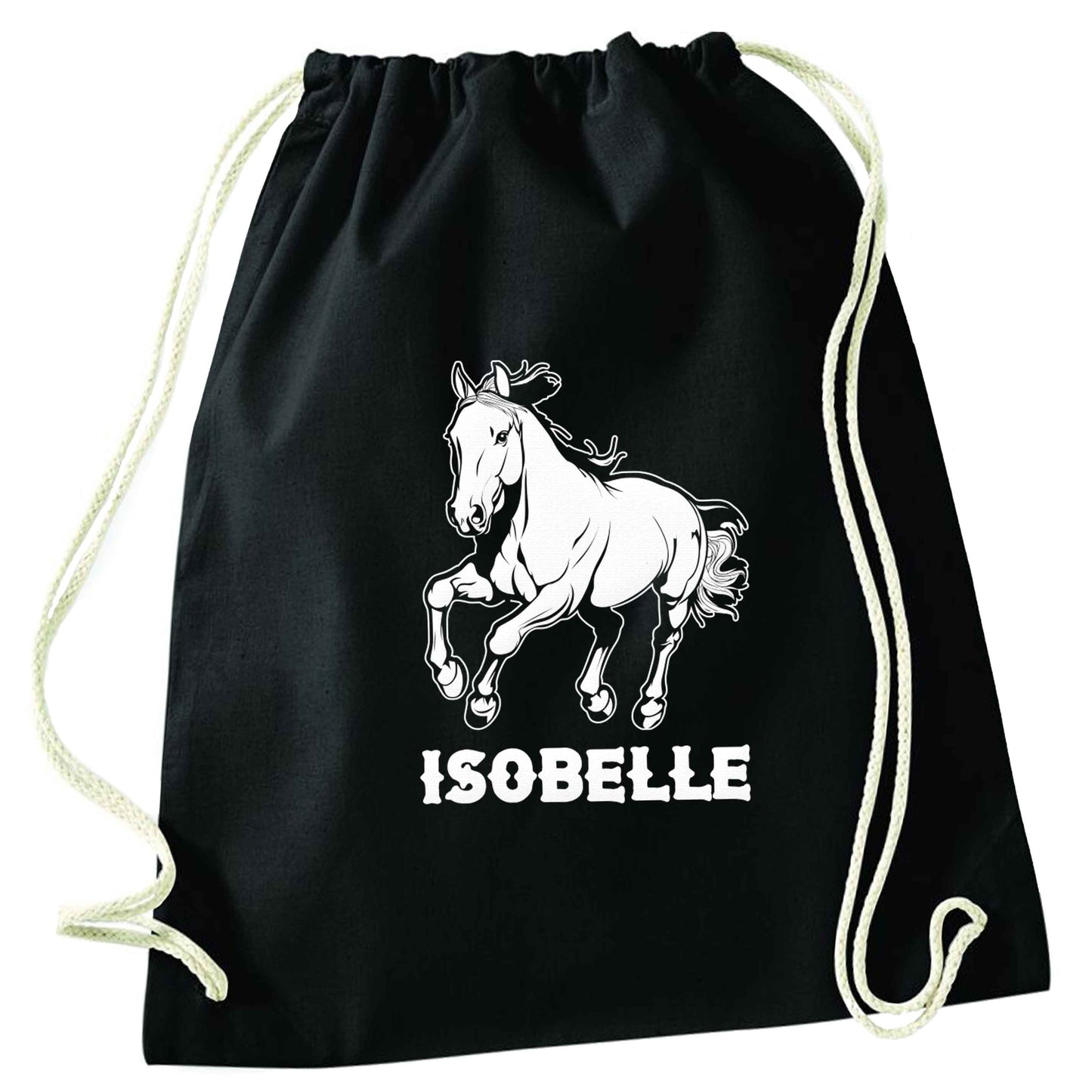 Horse illustration with personalised name black drawstring bag