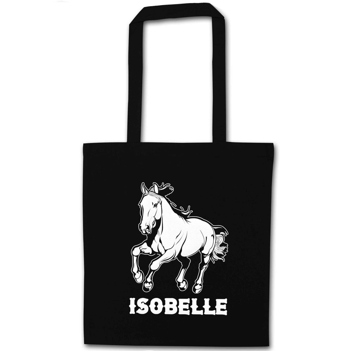 Horse illustration with personalised name black tote bag
