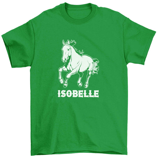 Horse illustration with personalised name Children's green Tshirt 12-13 Years