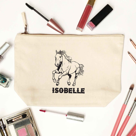 Horse illustration with personalised name natural makeup bag