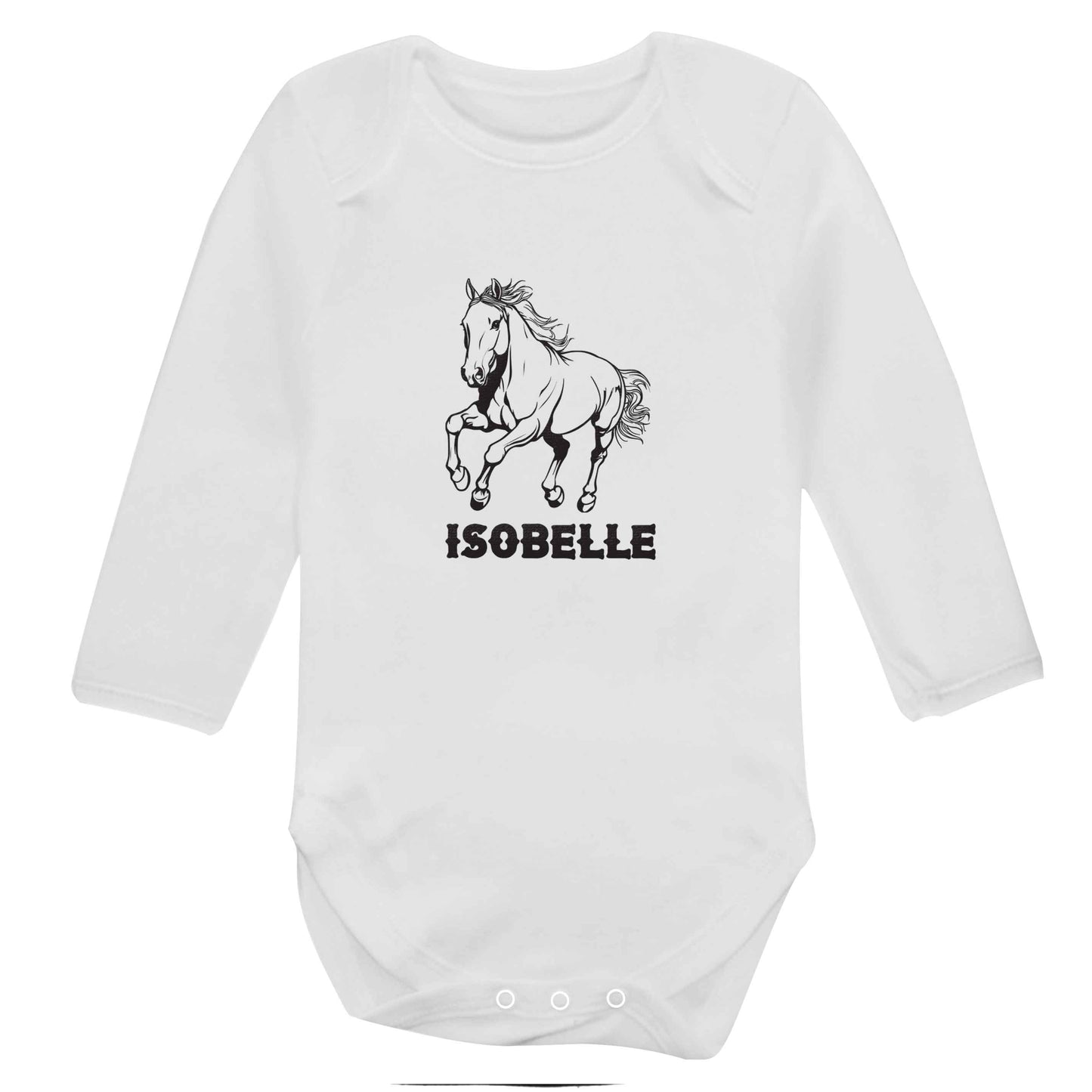 Horse illustration with personalised name baby bodysuit long sleeved white 6-12 months