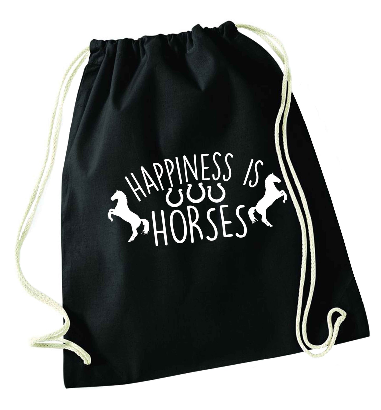 Happiness is horses black drawstring bag