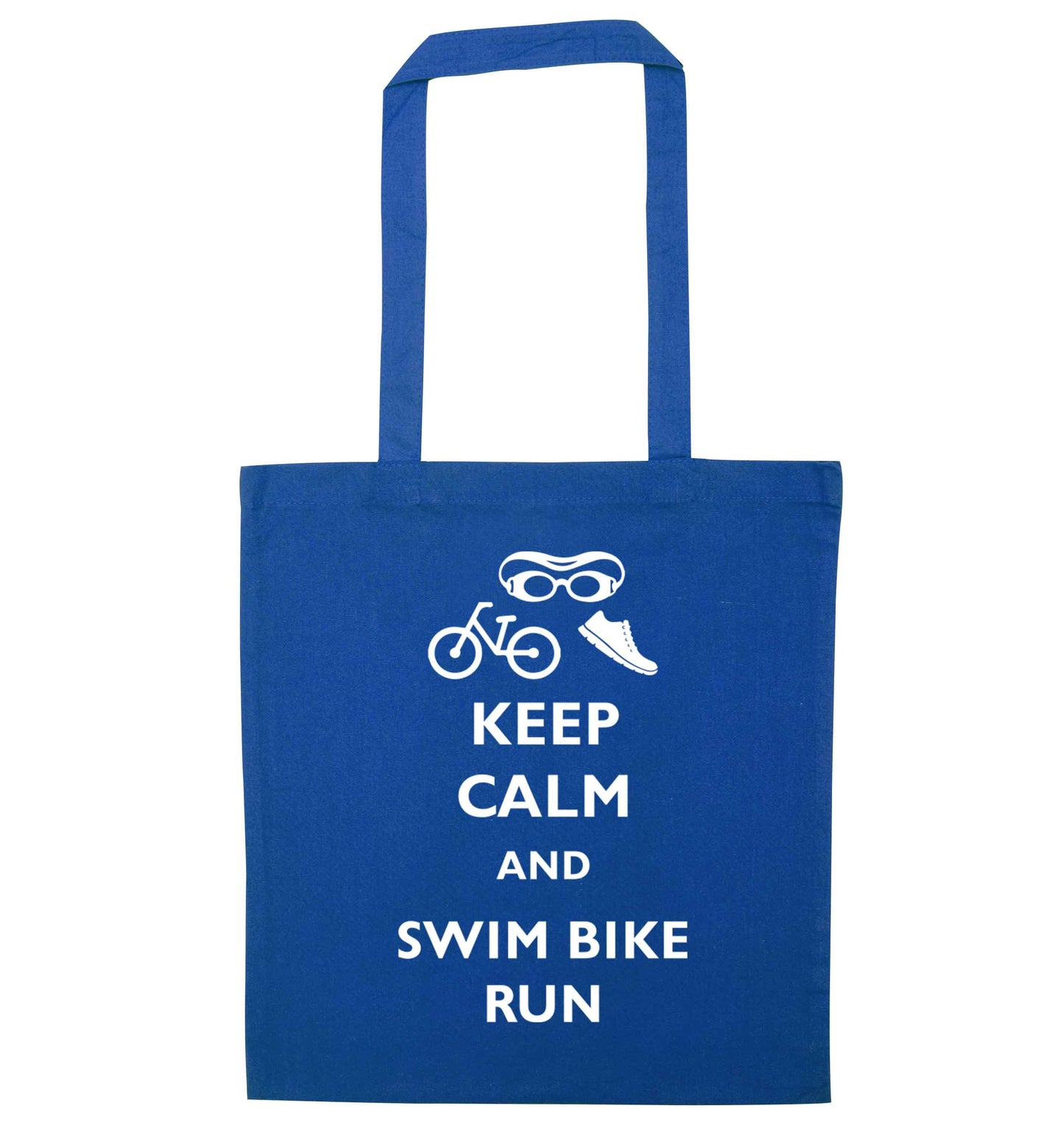 Keep calm and swim bike run blue tote bag