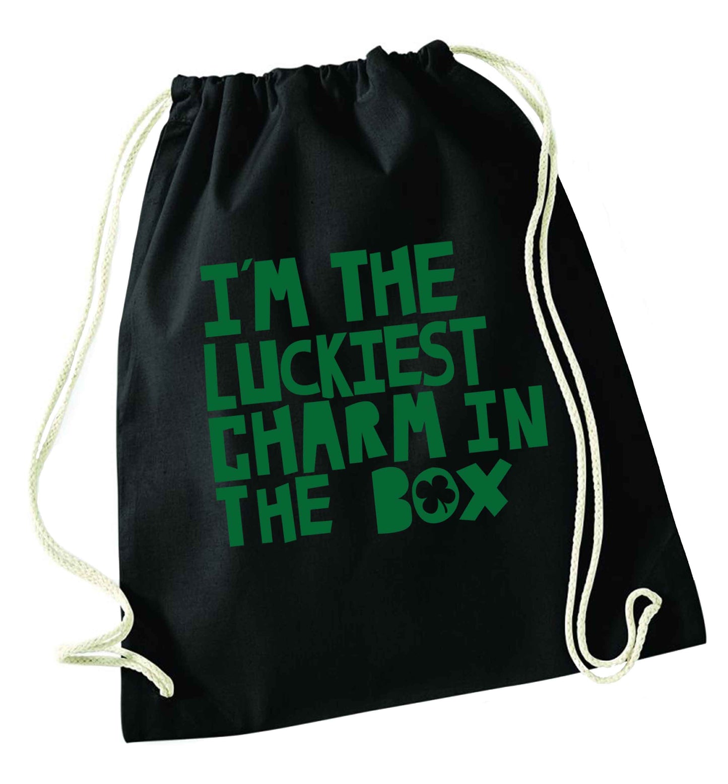 I'm the luckiest charm in the box black drawstring bag