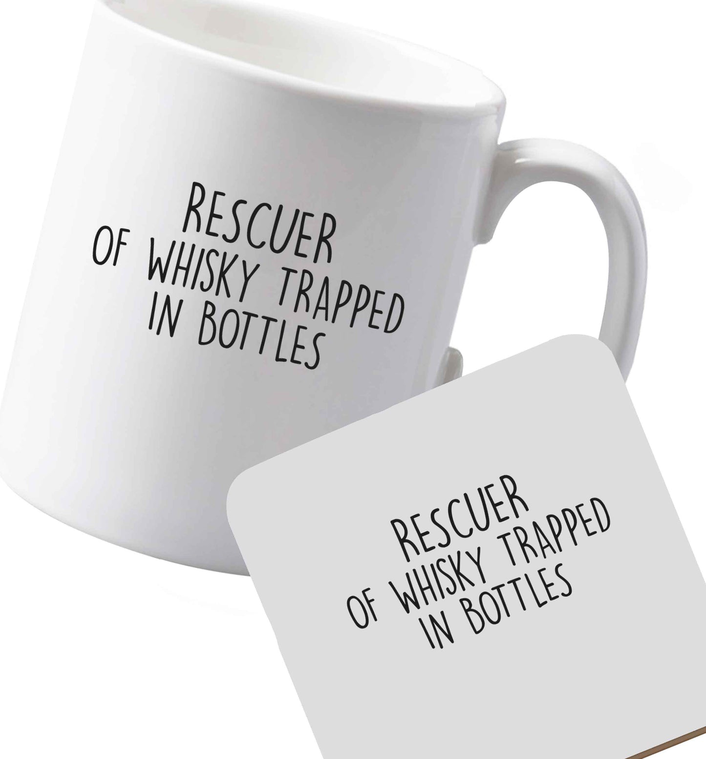 10 oz Ceramic mug and coaster Rescuer of Whisky Trapped in Bottlesboth sides