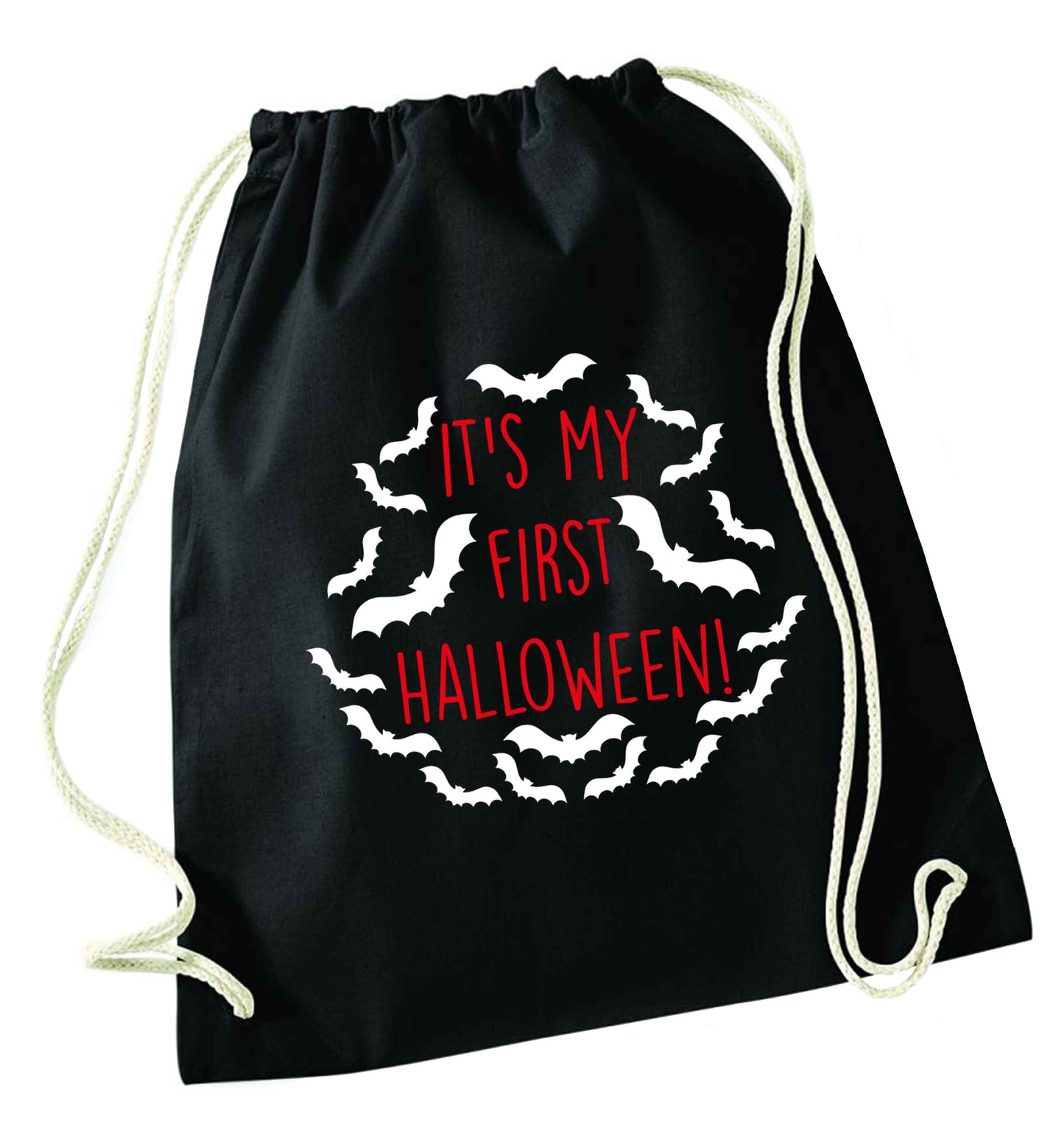 It's my first halloween - bat border black drawstring bag