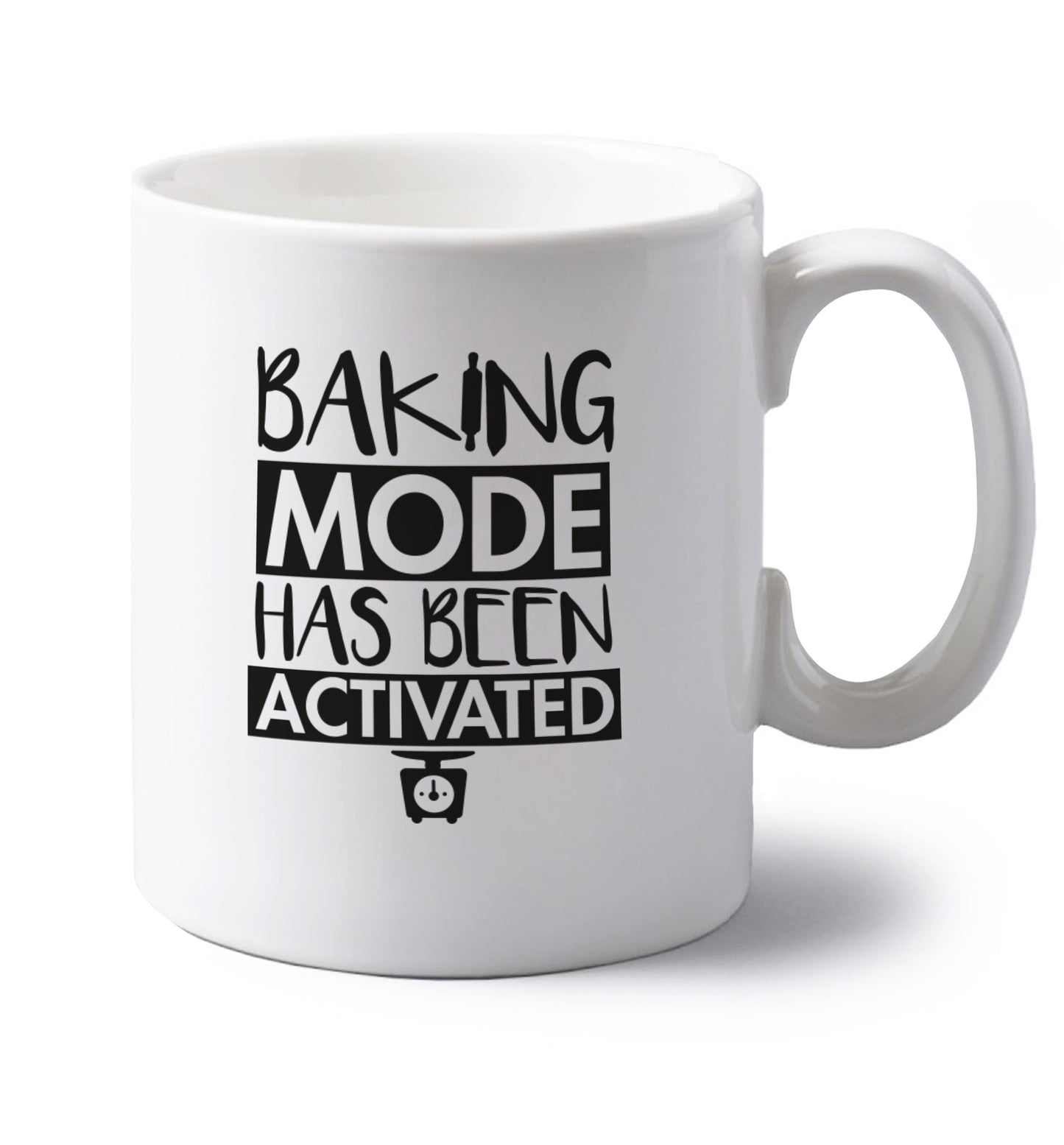 Baking mode has been activated left handed white ceramic mug