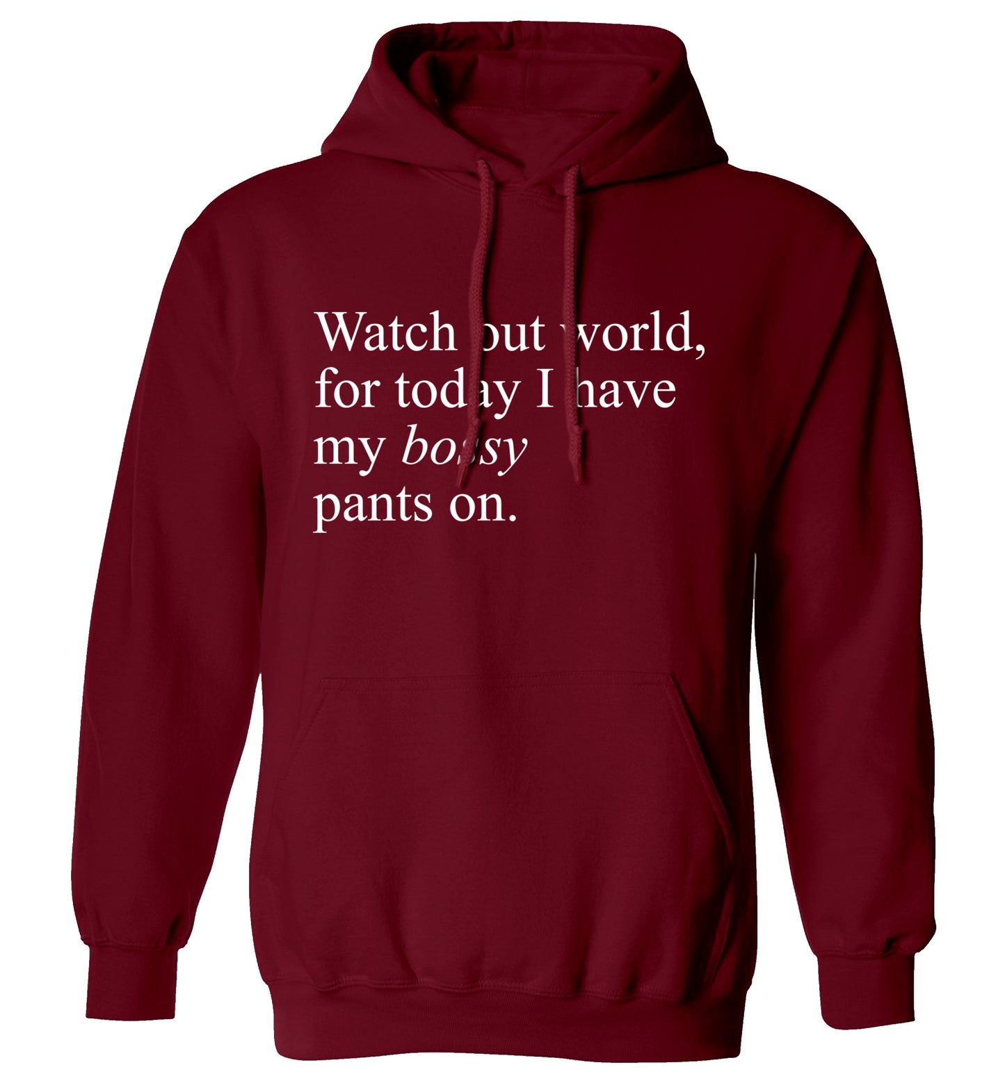Watch out world, for today I have my bossy pants on adults unisex maroon hoodie 2XL