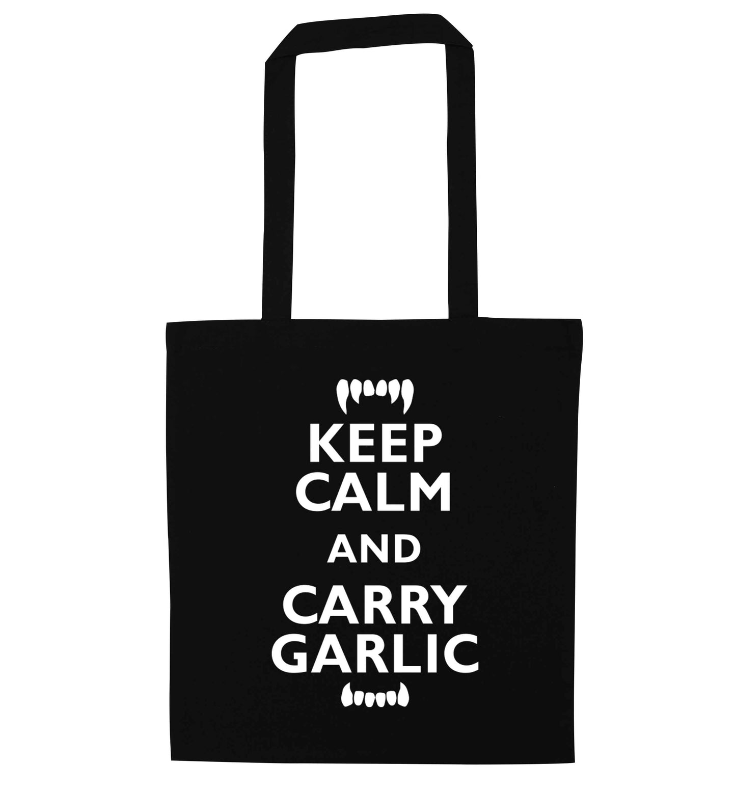 Keep calm and carry garlic black tote bag
