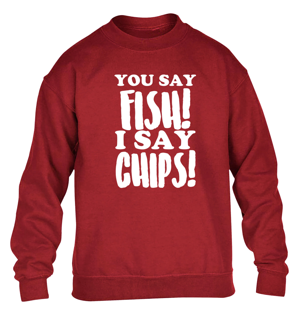 You say fish I say chips! children's grey sweater 12-14 Years