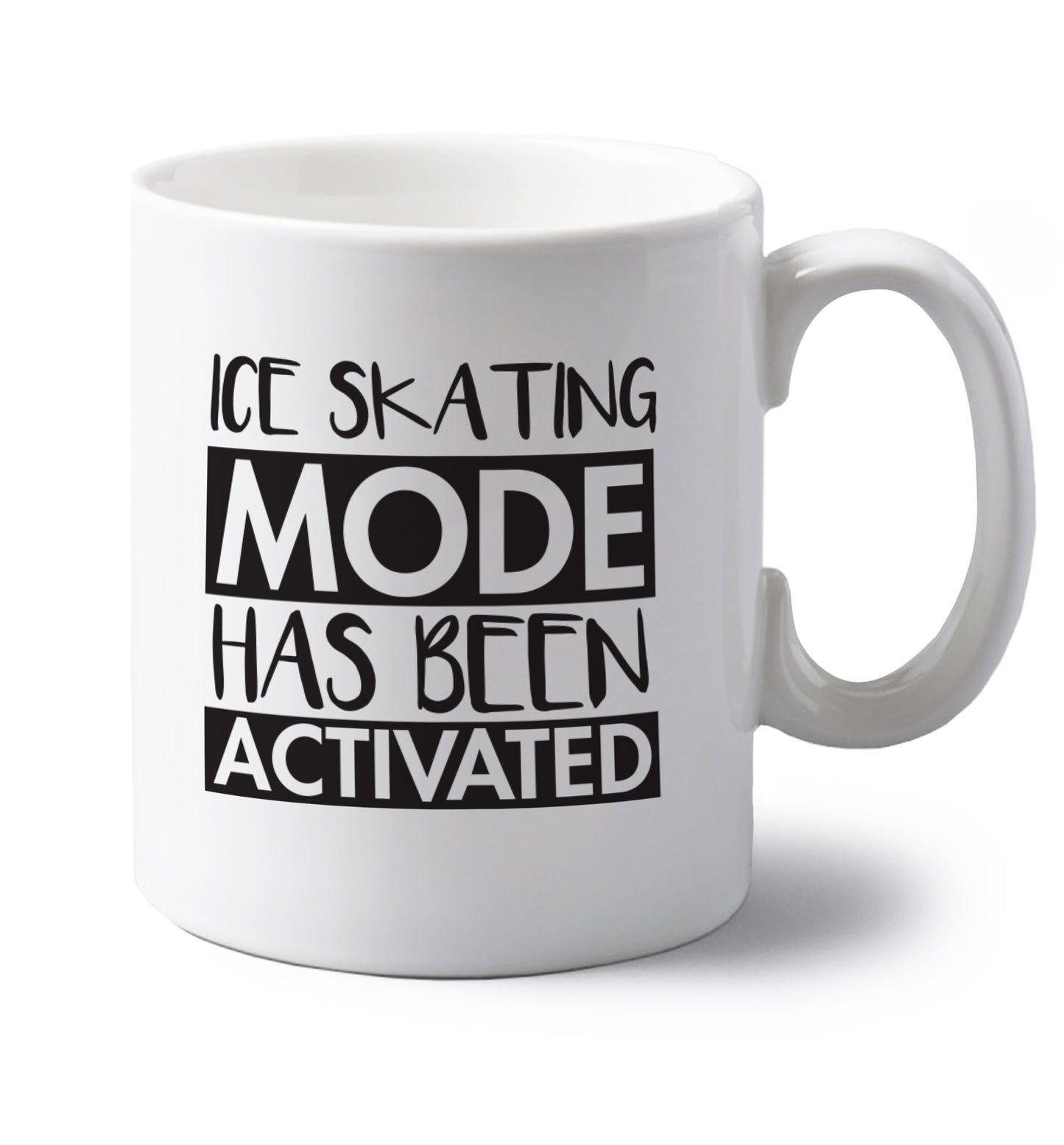 Ice skating mode activated left handed white ceramic mug
