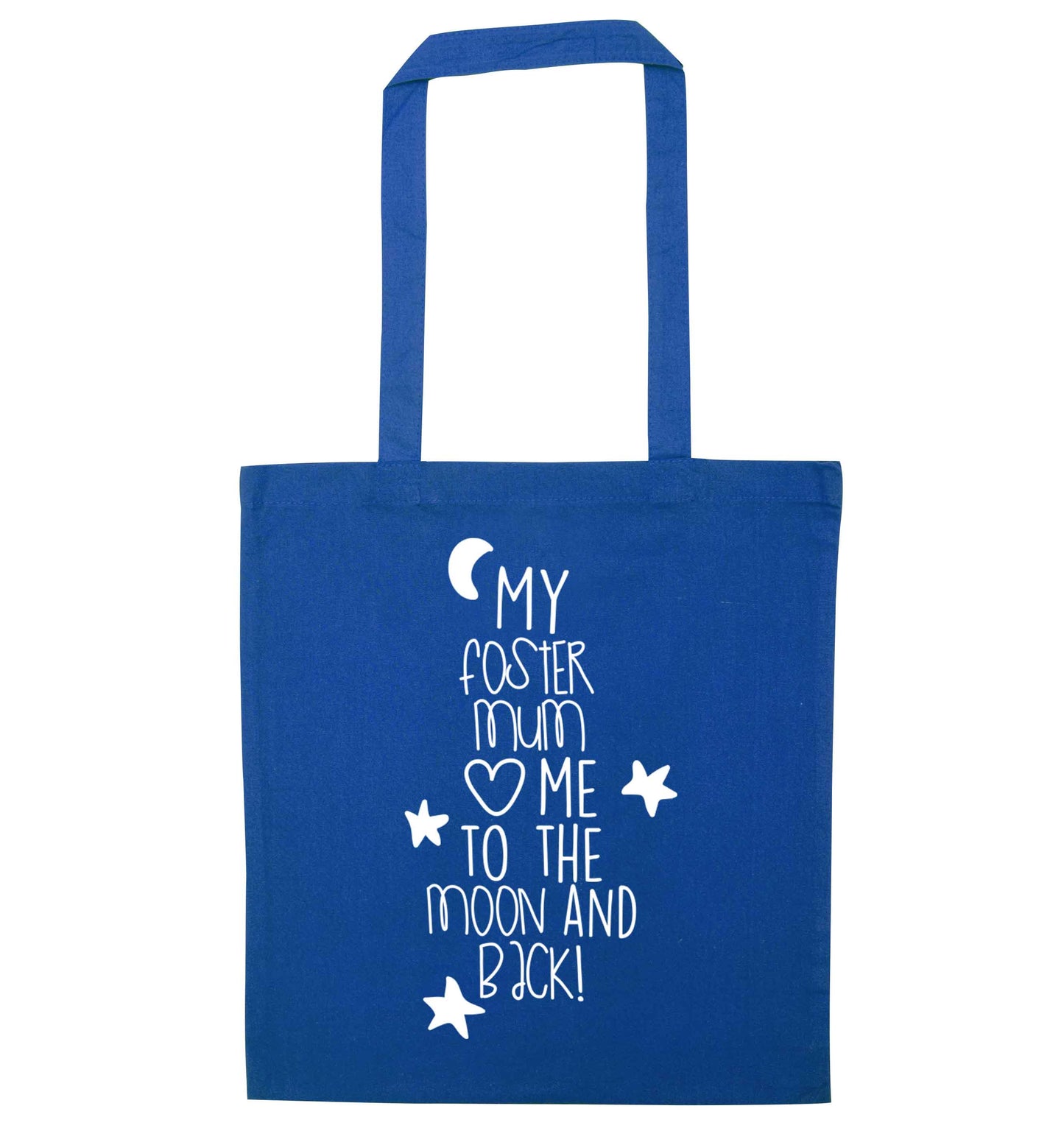 My foster mum loves me to the moon and back blue tote bag