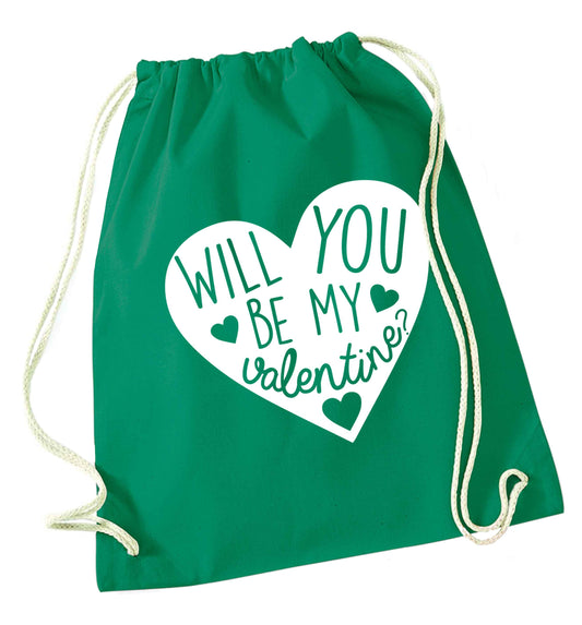 Will you be my valentine? green drawstring bag