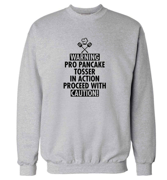 Warning pro pancake tosser in action proceed with caution adult's unisex grey sweater 2XL
