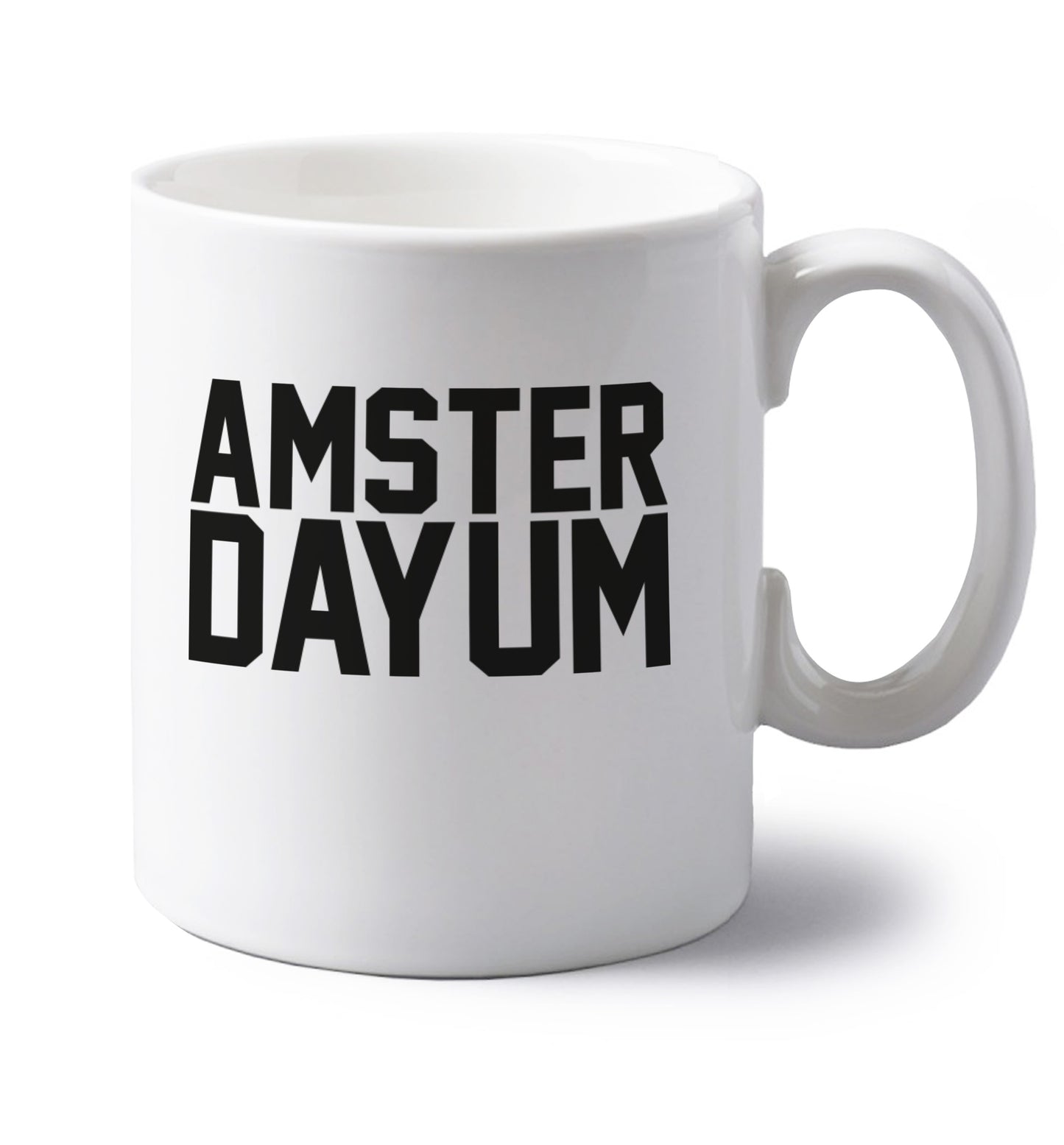 Amsterdayum left handed white ceramic mug