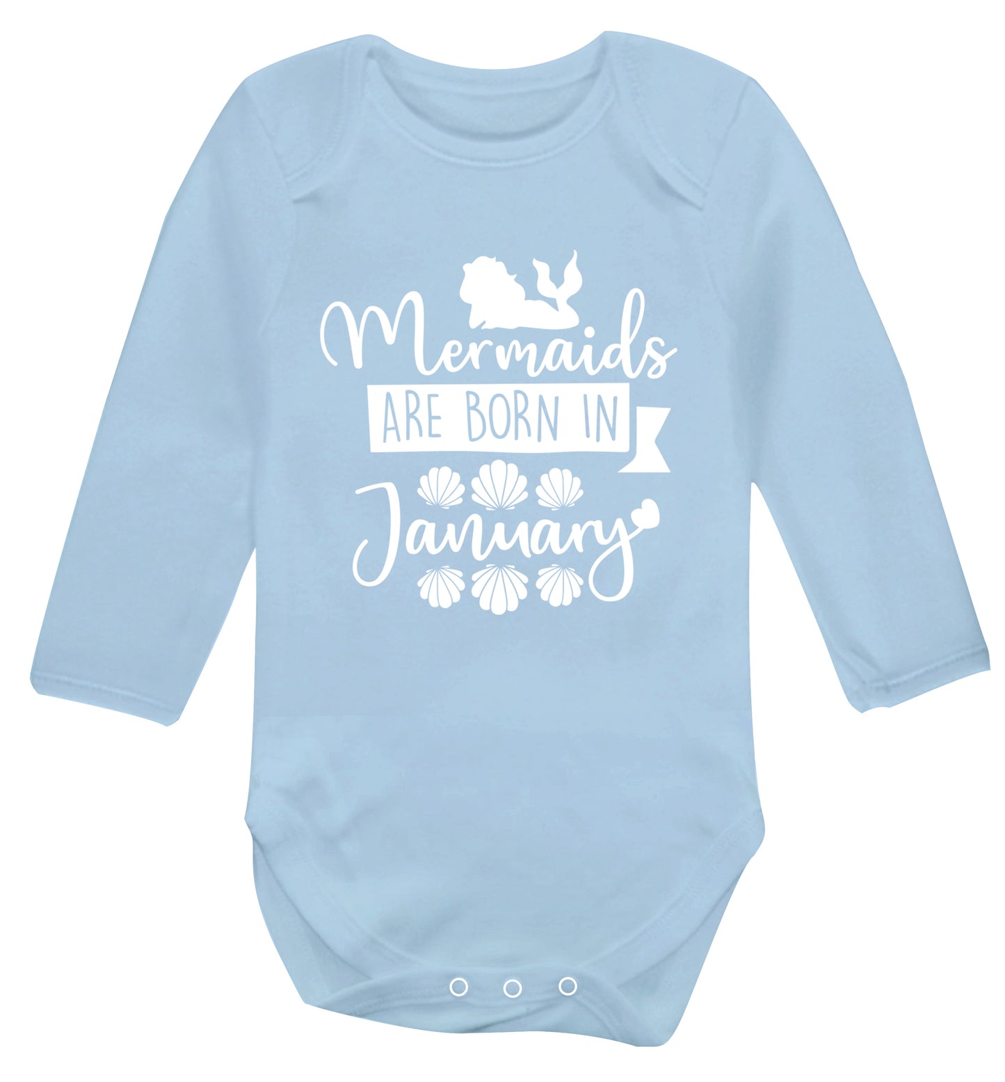Mermaids are born in January Baby Vest long sleeved pale blue 6-12 months