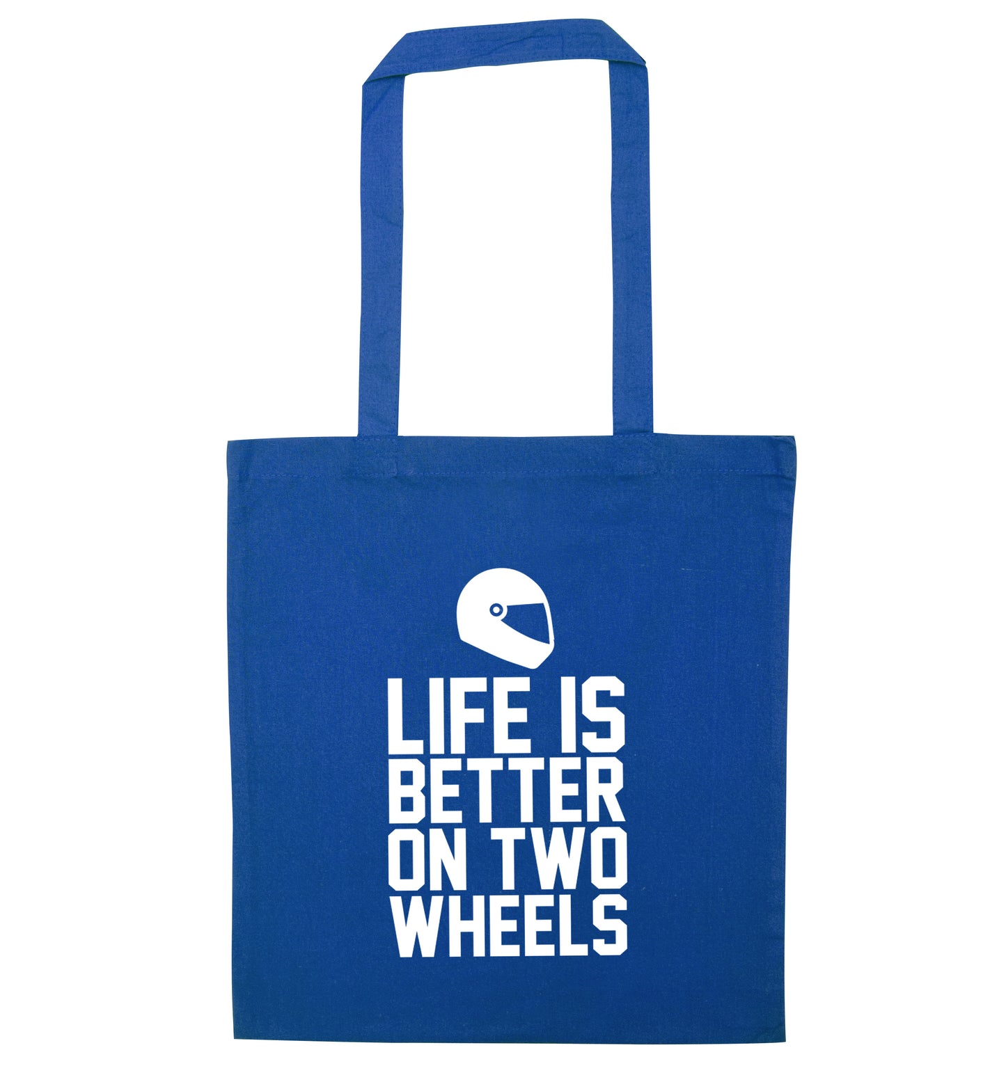 Life is better on two wheels blue tote bag