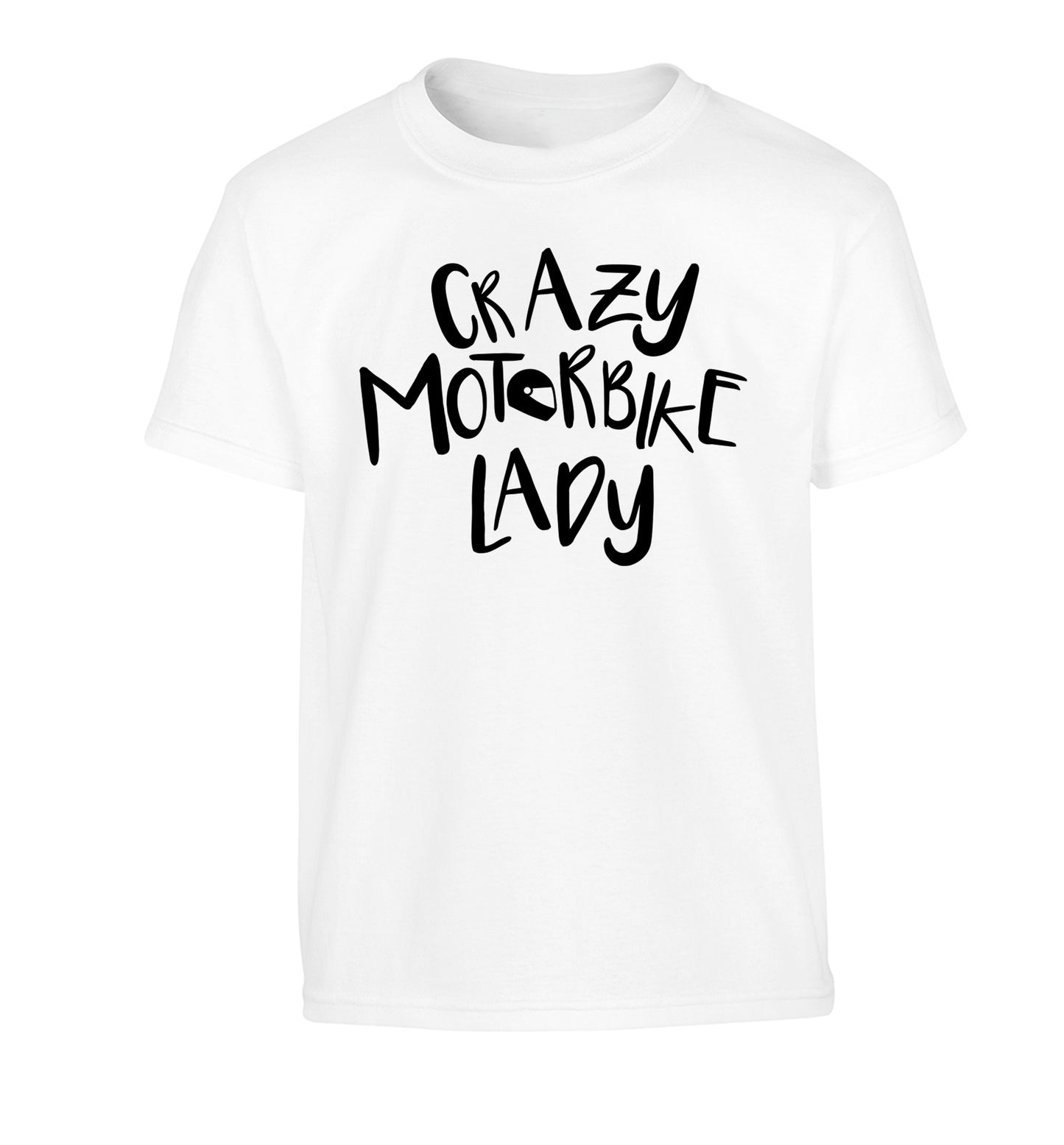Crazy motorbike lady Children's white Tshirt 12-13 Years